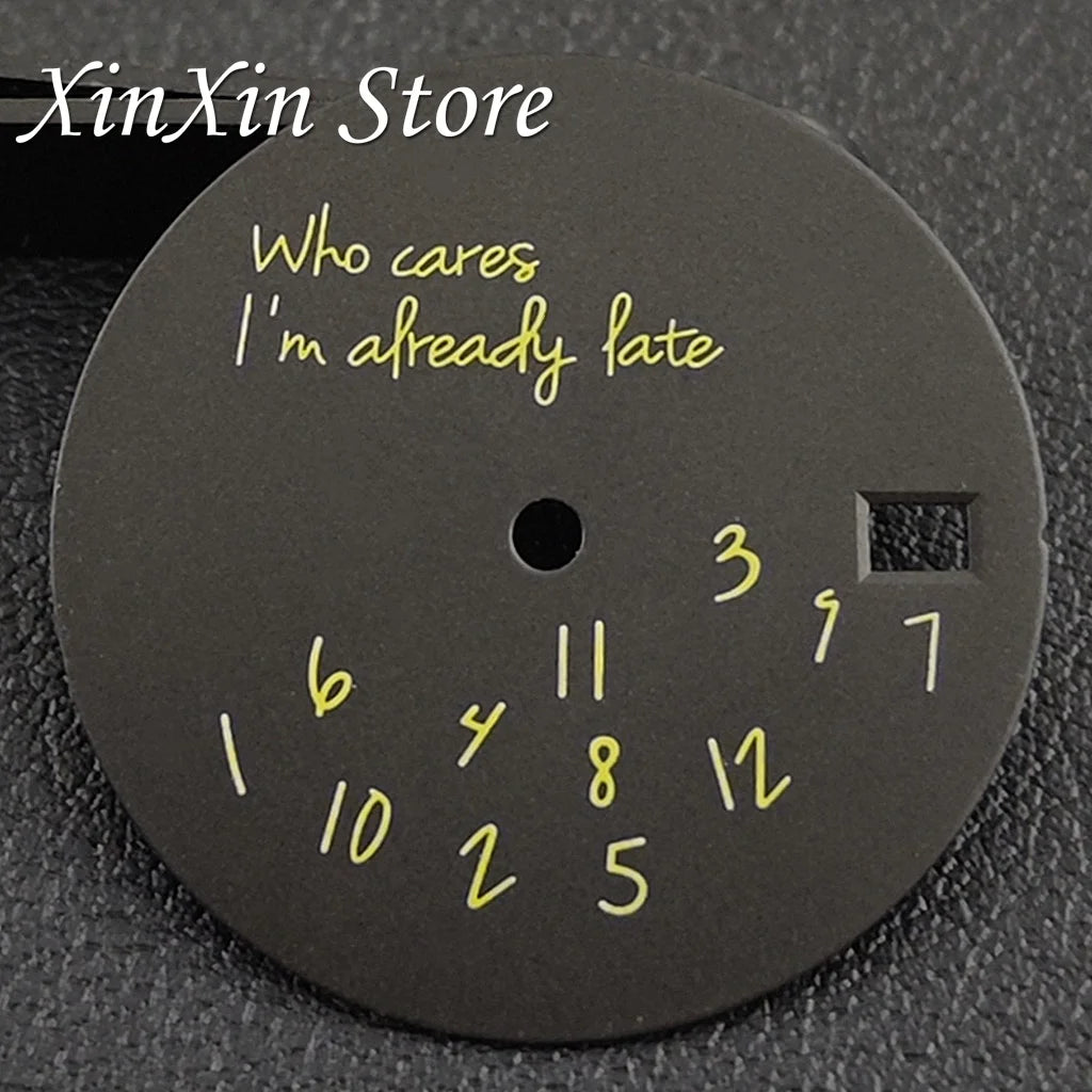 Black NH35 28.5mm Watch Dial Who Cares  With Lightning Second Hands For NH35 4R35 Movement Who Cares Lt's Already Late Replace Watch Dial