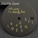 Black NH35 28.5mm Watch Dial Who Cares  With Lightning Second Hands For NH35 4R35 Movement Who Cares Lt's Already Late Replace Watch Dial