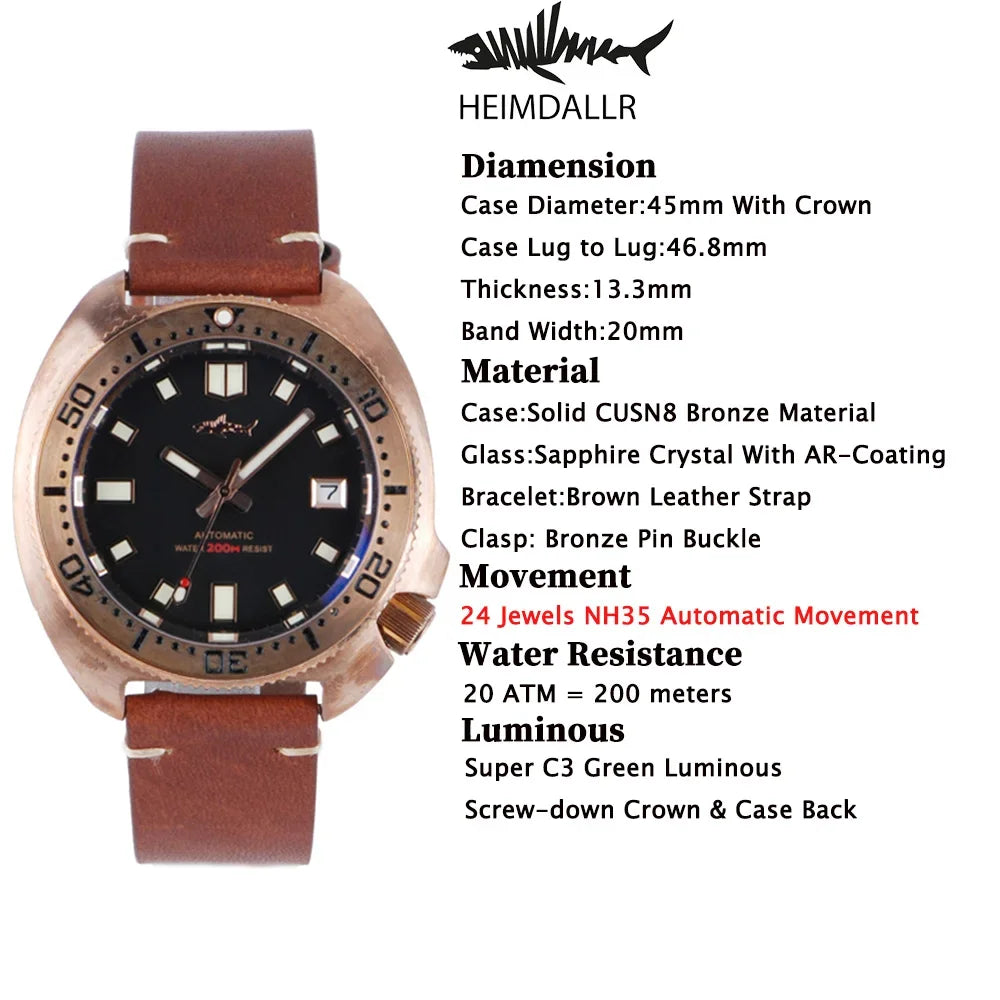 Heimdallr Turtle 6105 Watch CUSN8 Bronze 45mm Sapphire Crystal NH35 20Bar C3 Super Luminous