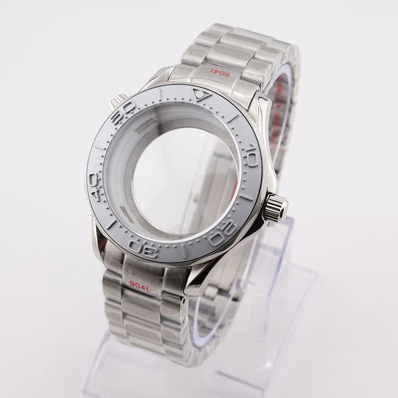 42mm NH35 Stainless Steel Seamaster Watch Case Mineral/Sapphire Glass Black Ceramics Bezel Insert with Bracelet for Seiko Mod Seamaster Build Parts