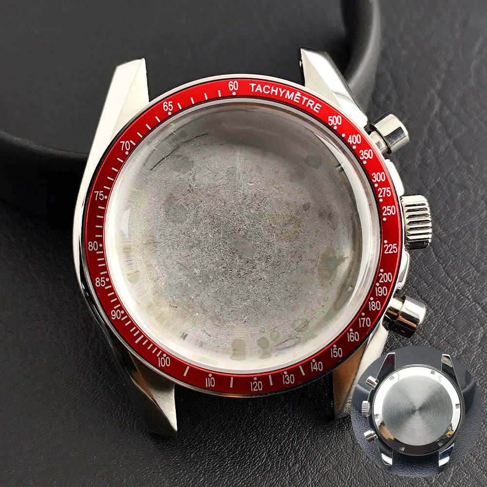 40mm Speedmaster Watch Case Stainless Steel  For VK63 VK64 Chronograph Quartz Movement Mineral Moon Foorprint Sterile Caseback