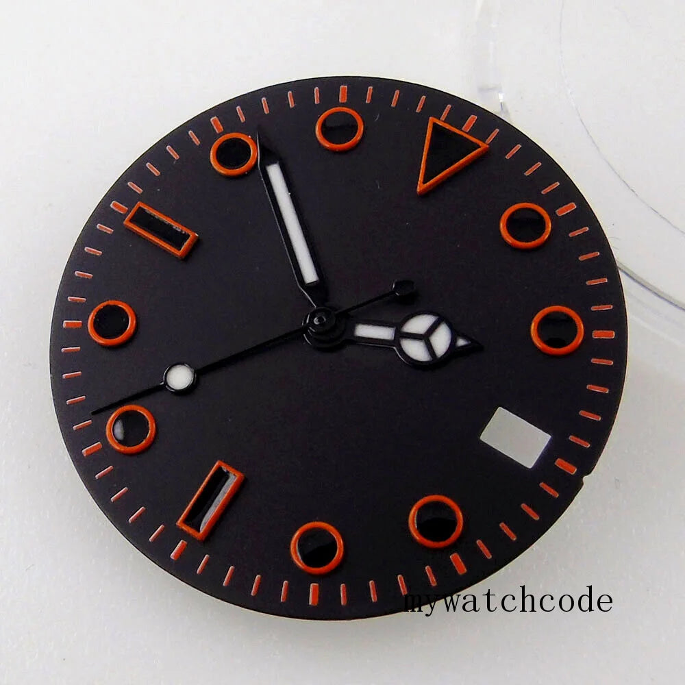 29MM Black Sterile Watch Dial with Date Window Orange Marks Fit NH35A NH36A MIYOTA 8215 821A ETA 2836 2824 Automatic Movement