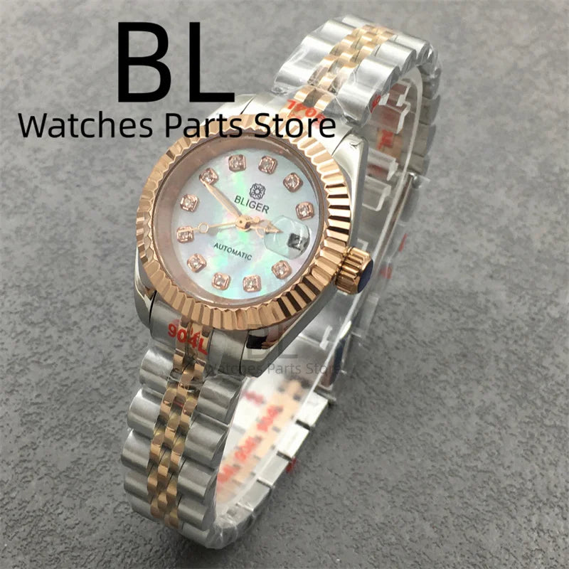 28mm Lady Watch BLIGER Luxury Two Tone Rose NH05 Automatic Watch Sapphire Diamond