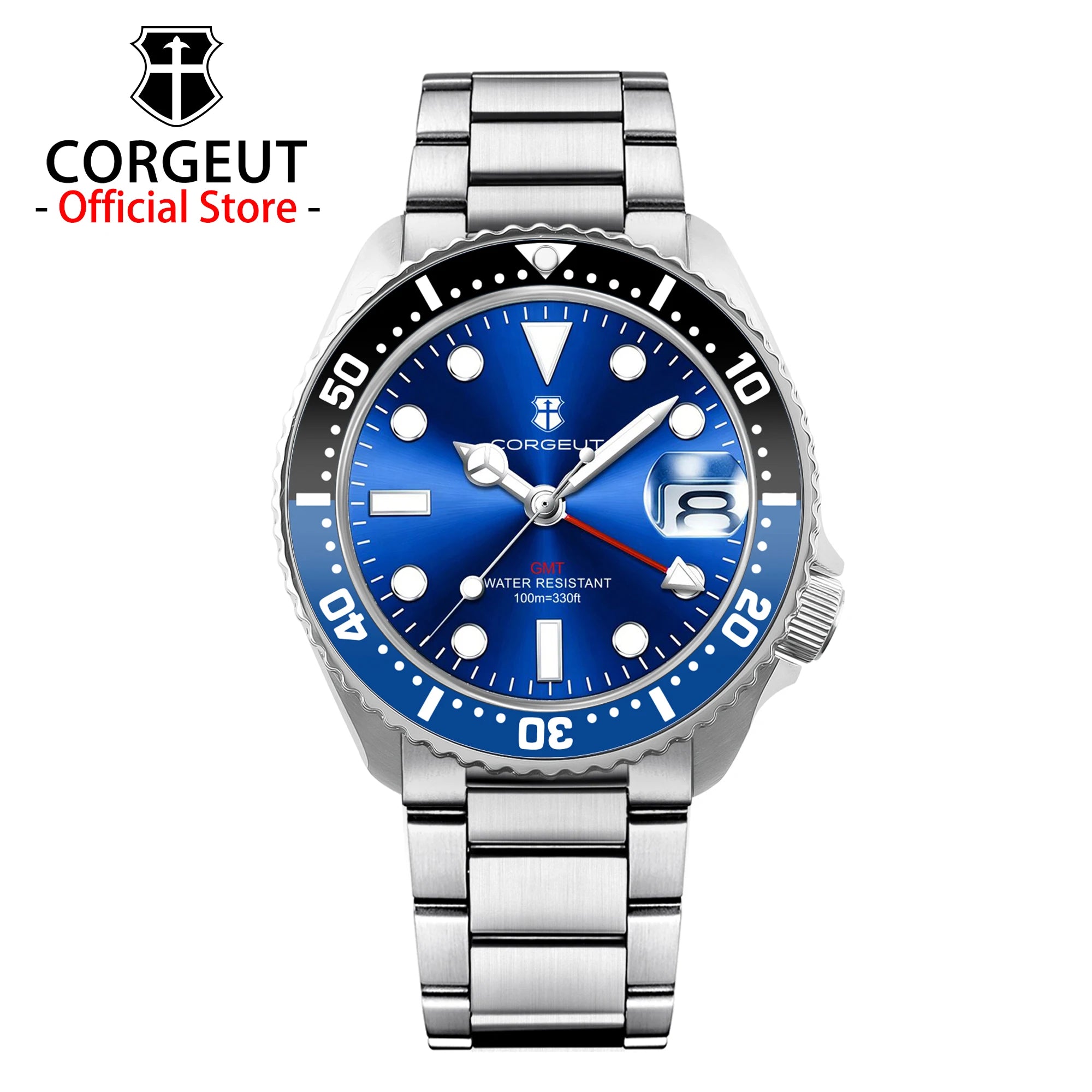 41MM CORGEUT Quartz GMT Watch SKX007 Mod Sapphire Ronda 515 GMT Quartz MOVT 10bar