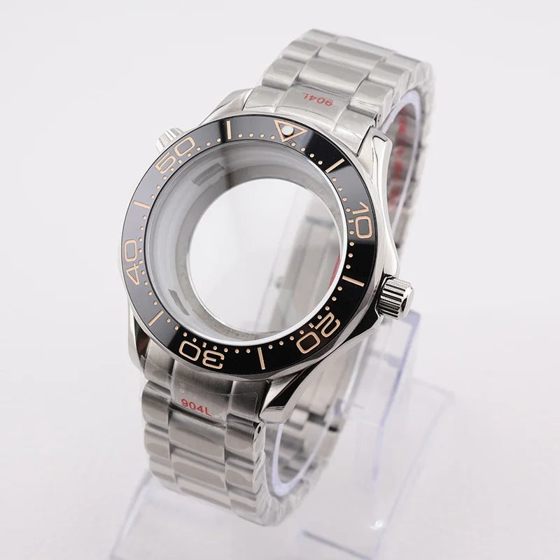 42mm NH35 Stainless Steel Seamaster Watch Case Mineral/Sapphire Glass Black Ceramics Bezel Insert with Bracelet for Seiko Mod Seamaster Build Parts