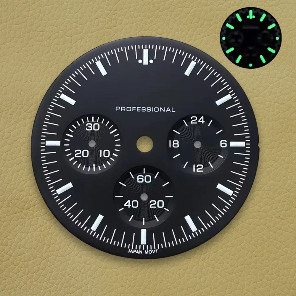 32.5mm Speed Dial Fit VK63 Movement Green Luminous Chronograph Watch Dial 3eyes
