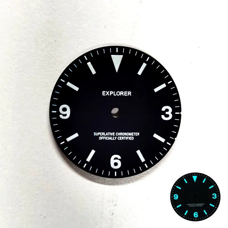 Explore Watch Dial Retro Matte Black Dial 369 Watch Face BGW9 C3 Lume Watch Mod NH35 Movement 28.5mm NH34Gmt Custom Logo and Text