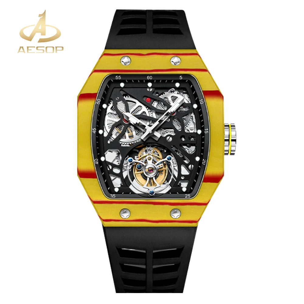RM Mod AESOP 7035 Flying Tourbillon Watch for Men Carbon Fiber Bezel Top Quality Skeleton Square Sapphire 5ATM