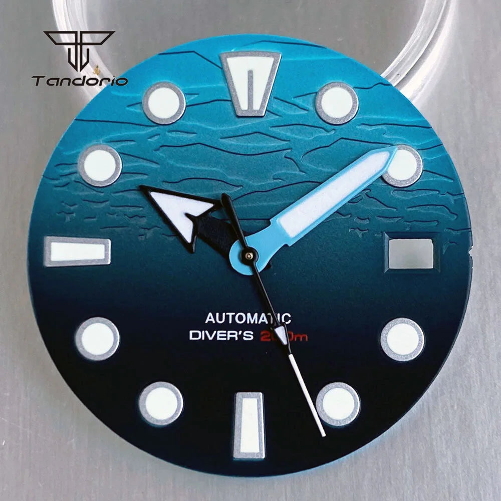 29mm Blue Ocean Matte Texture Watch Dial Gradient Color Fit NH35  Date Window Hands Set Green Lume Wristwatch Face Accessories