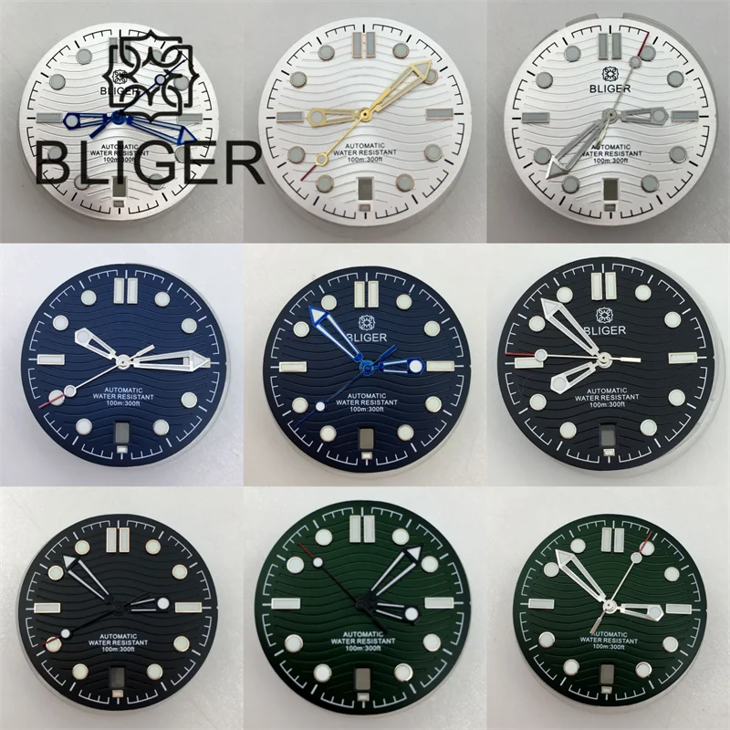 31mm seamaster Wave Watch Dial Hand Set 6 O'clock Date Window Black White Blue Green Fit NH35 Movement Luminus