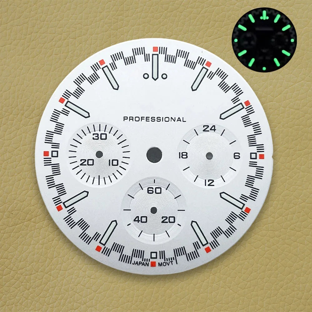32.5mm Speed Dial Fit VK63 Movement Green Luminous Chronograph Watch Dial 3eyes