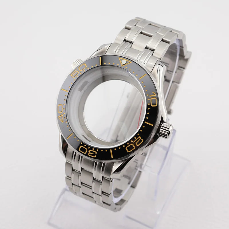 42mm NH35 Stainless Steel Seamaster Watch Case Mineral/Sapphire Glass Black Ceramics Bezel Insert with Bracelet for Seiko Mod Seamaster Build Parts