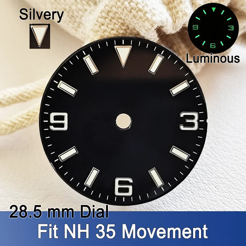 Explorer Watch Dial 28.5mm Smooth Dials Fit For NH35 Movement Explorer 3-6-9 design Wristwatches Dial Accessory Parts Replacement Green Luminous