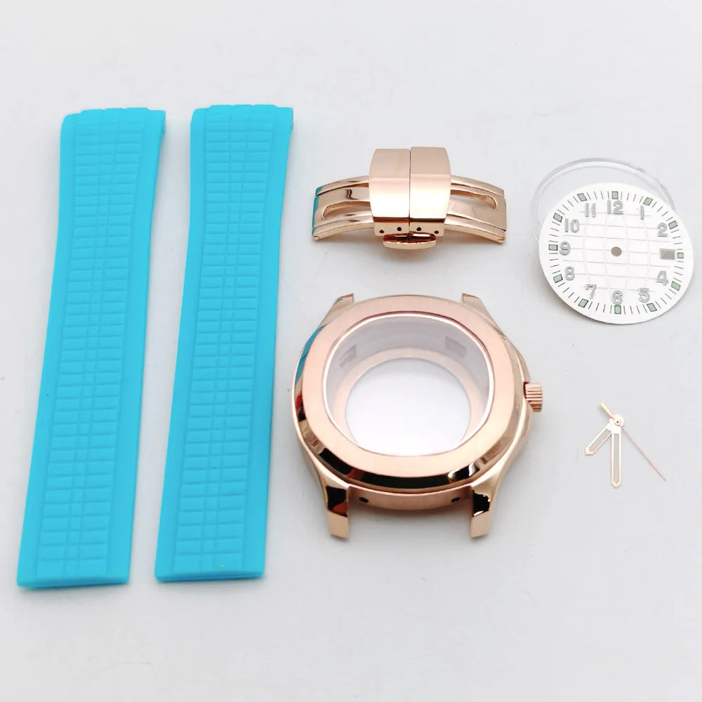 Aquanaut case 42mm NH35 Rose Gold 316 Stainless Steel Case Rubber Strap Luminous Dial Hands Modifed Watch Parts Accessorie glass back