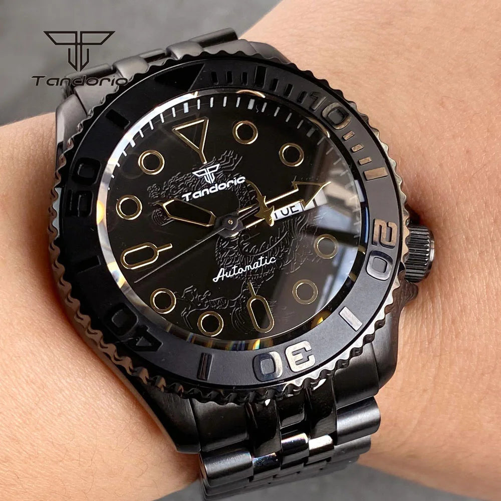 Tandorio TD265B Domed Sapphire NH36 41mm Black Pvd Diver Dragon Pattern 20BAR Sub