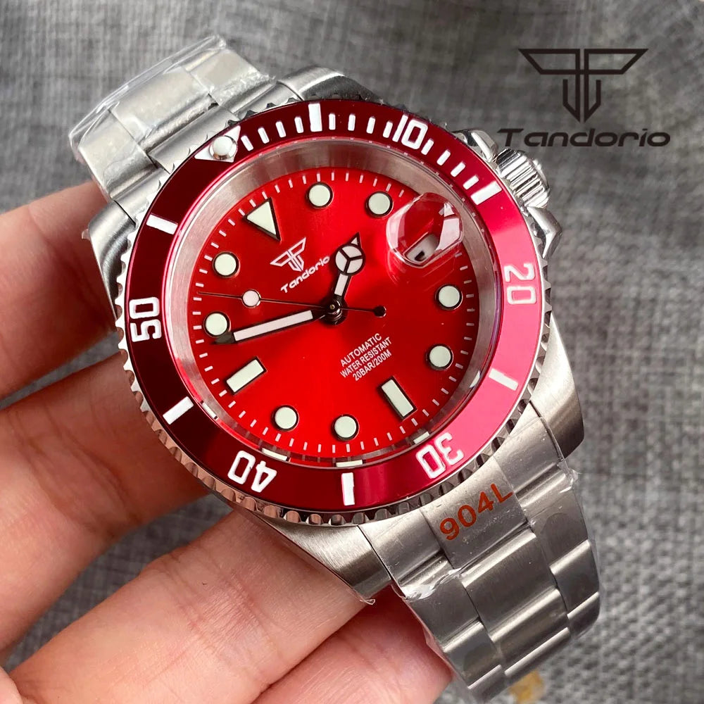 Tandorio Sub Watch TD203R NH35A Red Sunburst 40mm 200M Diver Rotating Bezel Sapphire