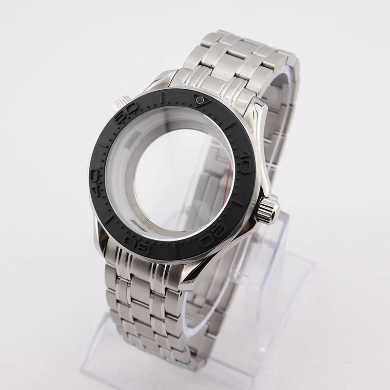 42mm NH35 Stainless Steel Seamaster Watch Case Mineral/Sapphire Glass Black Ceramics Bezel Insert with Bracelet for Seiko Mod Seamaster Build Parts