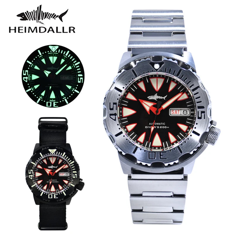 HEIMDALLR NH36 Monster Diver Automatic 200m Waterproof PVd Black AR Sapphire Luminous Men Watch Ghost Teeth Series