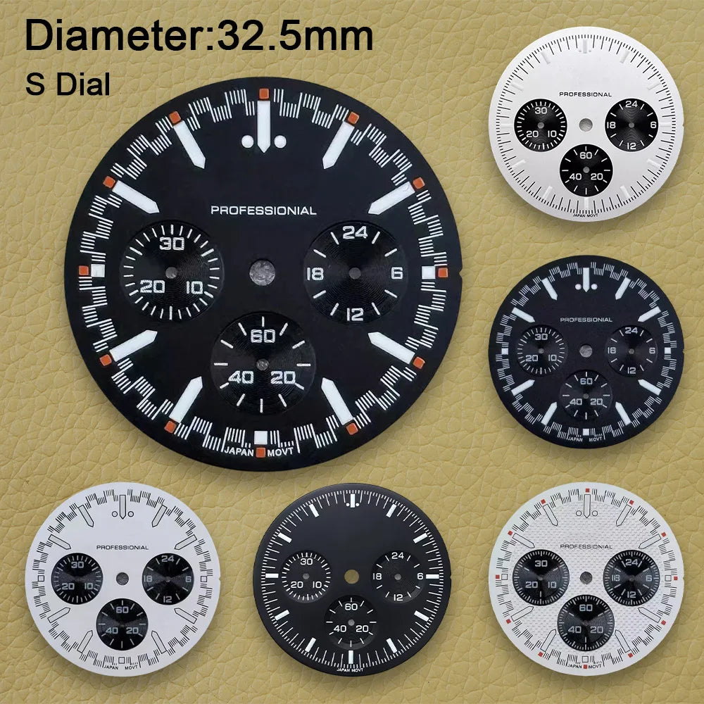 32.5mm Speed Dial Fit VK63 Movement Green Luminous Chronograph Watch Dial 3eyes