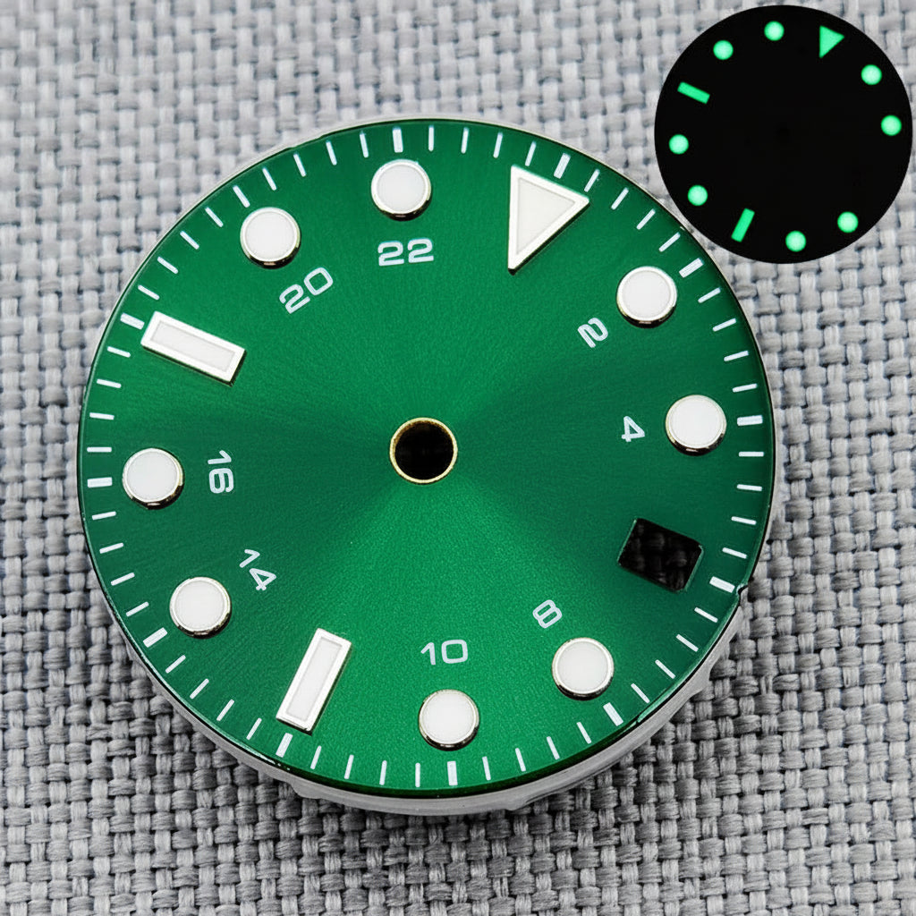 29mm GMT Watch Dial Black White Blue Black Silver Edge Time Mark Green Luminous Dial Fit NH34 NH35 Movement Date Window