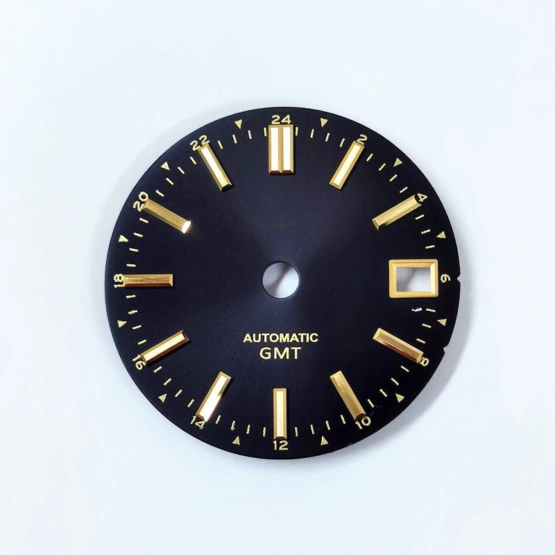Premium Watch Dial Sunburst Dial 28.5mm No Lume Gold IndexNH35 NH34 GMT Movement Custom Logo Text Modification Watch