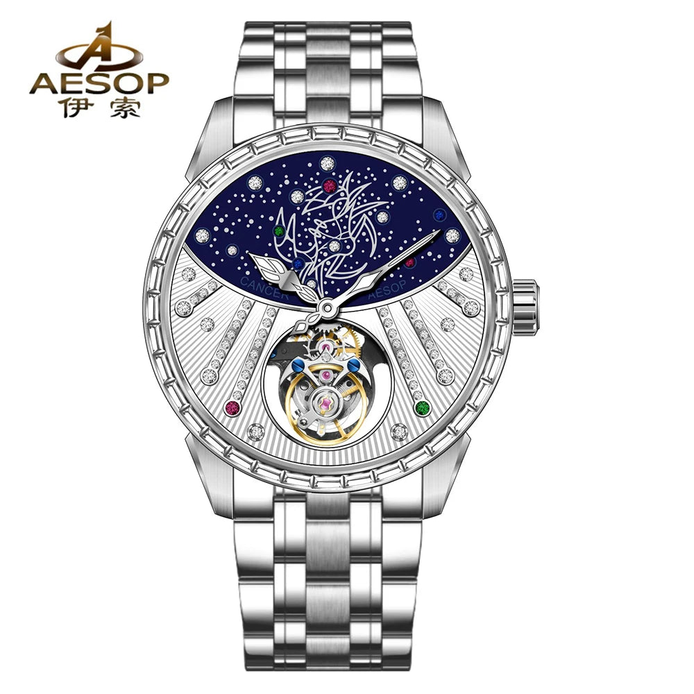 Constellation Flying Tourbillon Watch 42mm AESOP 7098 Skeleton Mechanical Luxury Waterproof Sapphire