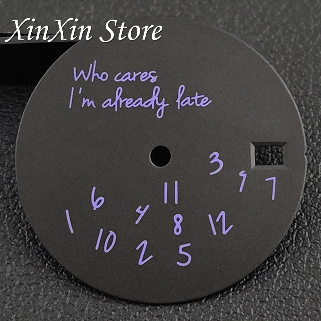 Black NH35 28.5mm Watch Dial Who Cares  With Lightning Second Hands For NH35 4R35 Movement Who Cares Lt's Already Late Replace Watch Dial