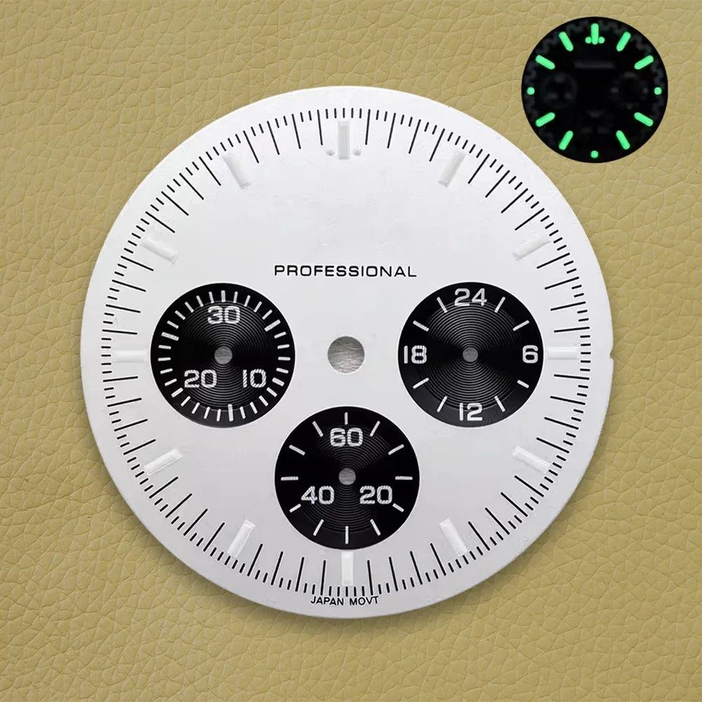 32.5mm Speed Dial Fit VK63 Movement Green Luminous Chronograph Watch Dial 3eyes