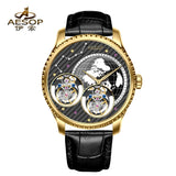 Double Flying Tourbillon Watch World Map AESOP 7116 42mm Skeleton Luxury Waterproof Wristwatches Sapphire