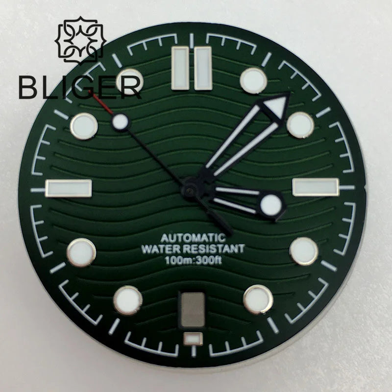 31mm seamaster Wave Watch Dial Hand Set 6 O'clock Date Window Black White Blue Green Fit NH35 Movement Luminus