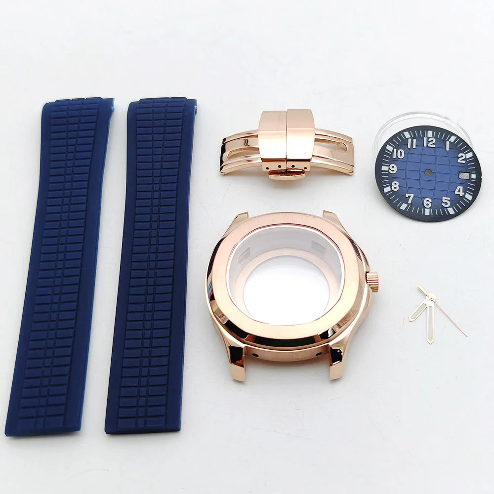 Aquanaut case 42mm NH35 Rose Gold 316 Stainless Steel Case Rubber Strap Luminous Dial Hands Modifed Watch Parts Accessorie glass back