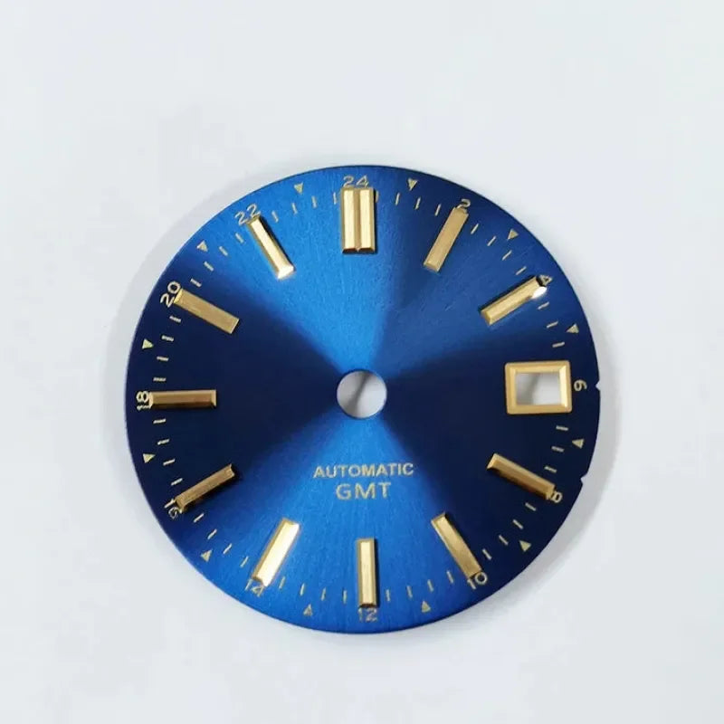 Premium Watch Dial Sunburst Dial 28.5mm No Lume Gold IndexNH35 NH34 GMT Movement Custom Logo Text Modification Watch