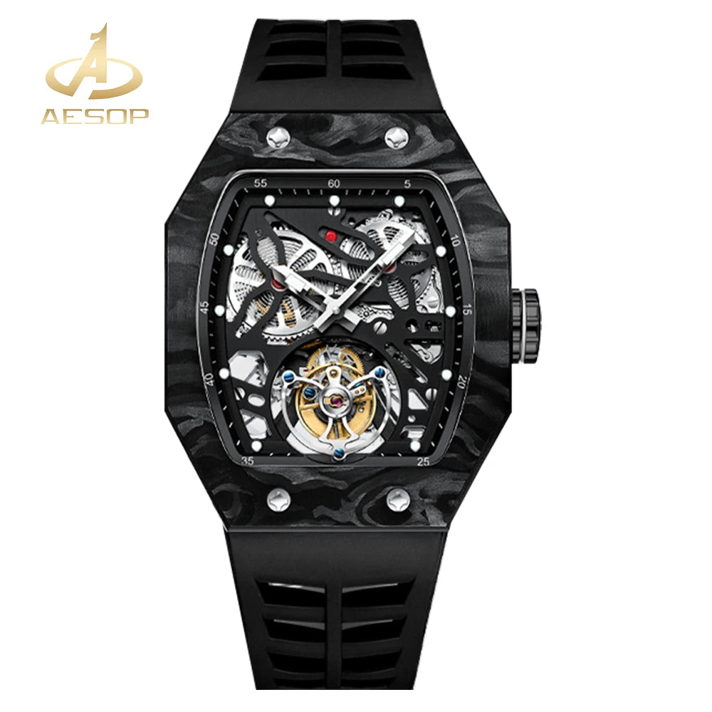 RM Mod AESOP 7035 Flying Tourbillon Watch for Men Carbon Fiber Bezel Top Quality Skeleton Square Sapphire 5ATM