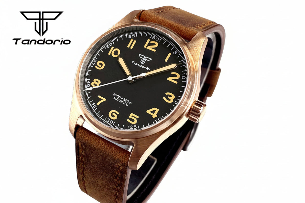 39mm Real Cusn8 Bronze Aviator Watch Tandorio TD107Z  Sapphire 20Bar  NH35A PT5000 Miyota8215 Automatic Military Relojes