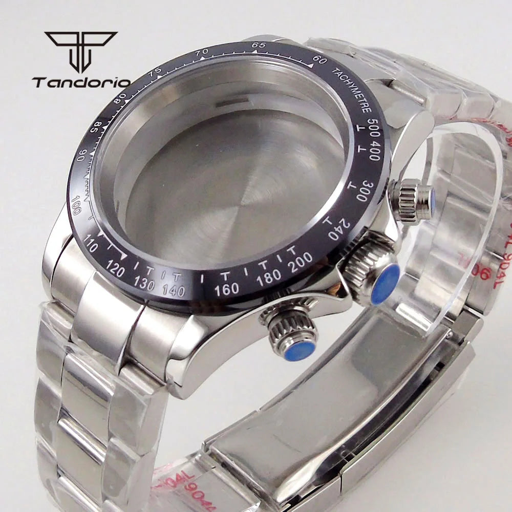 39mm Quartz Watch Case+Watchband Sapphire Glass Fit VK63 VK64 Movt Multi-Functional Chronograph Men Wristwatch Accessories Parts