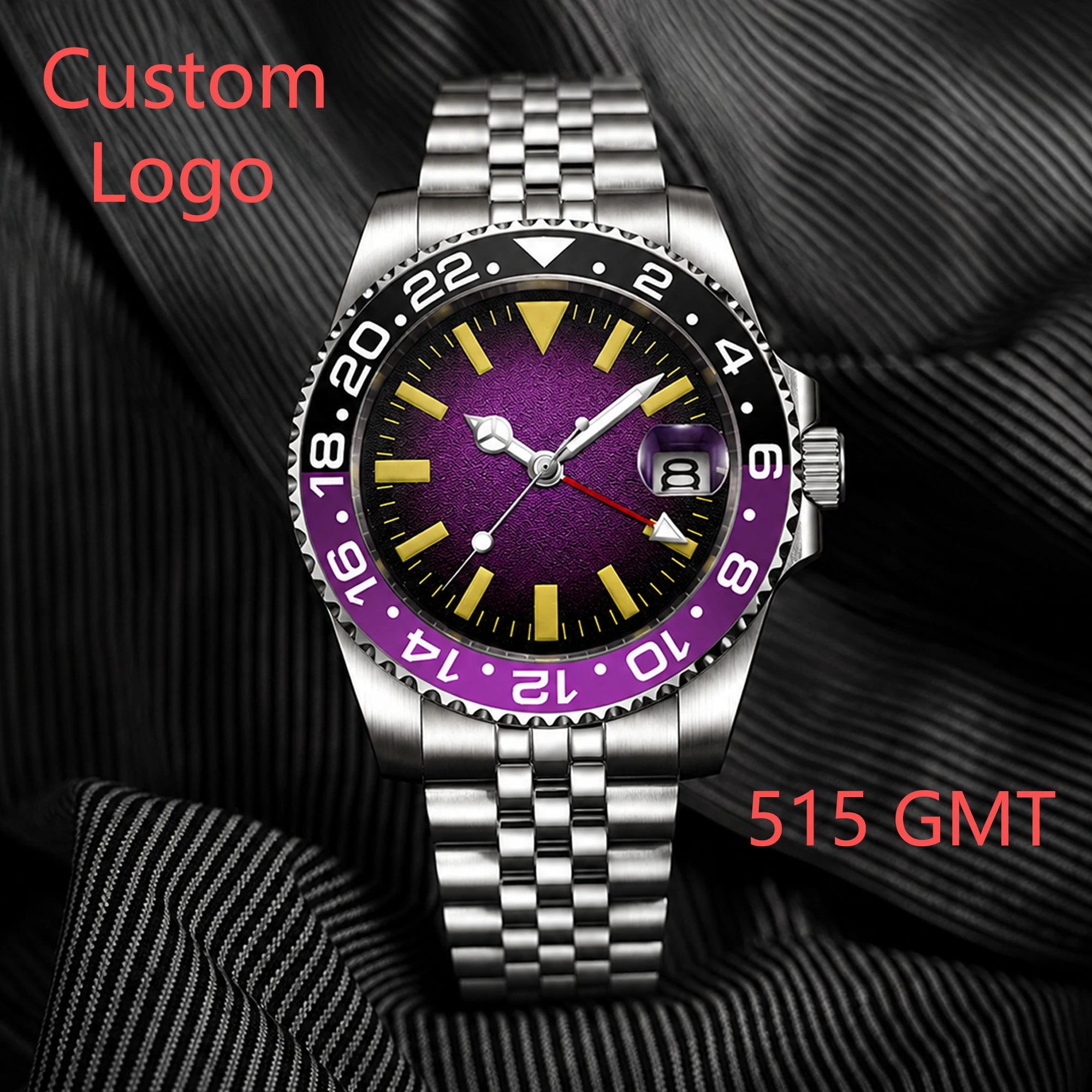 Quartz GMT Watch Custom Logo 40mm Swiss Ronda 515-24 Movt 10Bar Sapphire