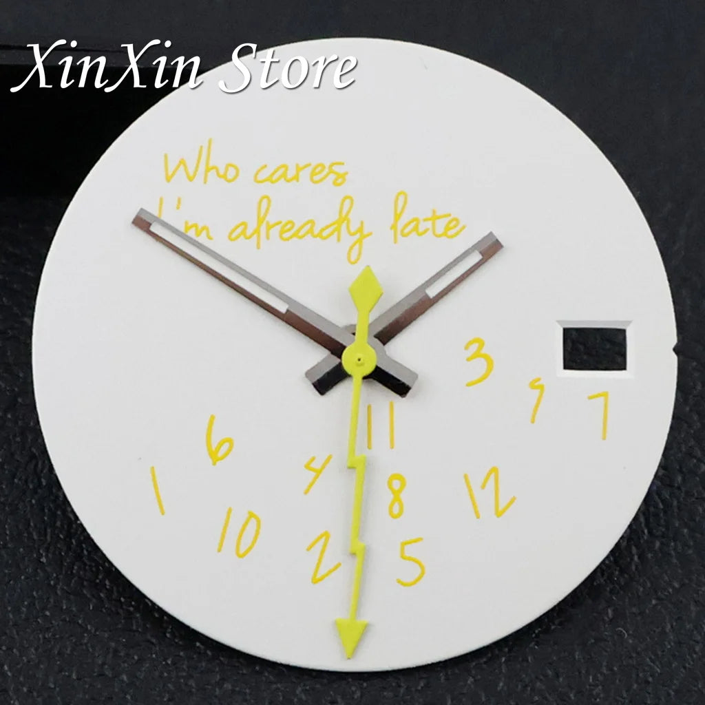 Black NH35 28.5mm Watch Dial Who Cares  With Lightning Second Hands For NH35 4R35 Movement Who Cares Lt's Already Late Replace Watch Dial