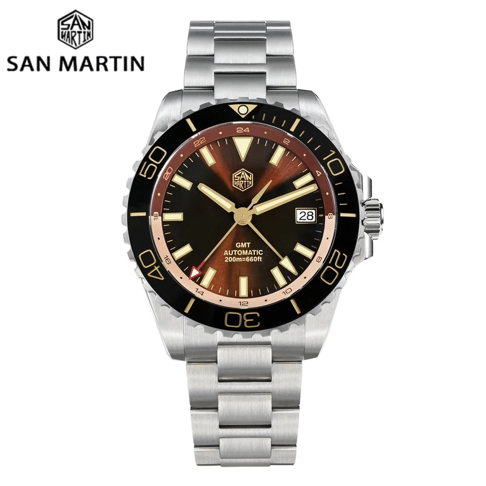 San Martin GMT Dive Watch SN0136 39mm NH34 Automatic Sunburst Enamel Dial AR Sapphire C3 Green Luminous