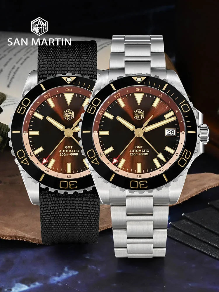 San Martin GMT Dive Watch SN0136 39mm NH34 Automatic Sunburst Enamel Dial AR Sapphire C3 Green Luminous