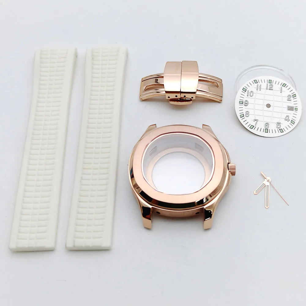 Aquanaut case 42mm NH35 Rose Gold 316 Stainless Steel Case Rubber Strap Luminous Dial Hands Modifed Watch Parts Accessorie glass back