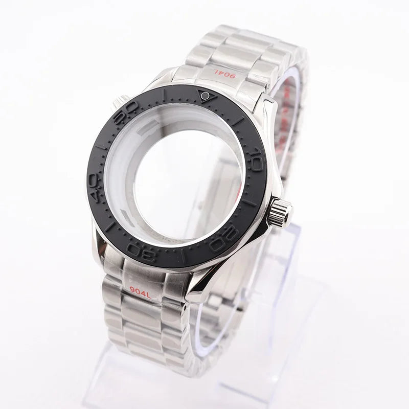 42mm NH35 Stainless Steel Seamaster Watch Case Mineral/Sapphire Glass Black Ceramics Bezel Insert with Bracelet for Seiko Mod Seamaster Build Parts