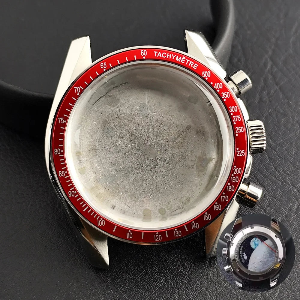 40mm Speedmaster Watch Case Stainless Steel  For VK63 VK64 Chronograph Quartz Movement Mineral Moon Foorprint Sterile Caseback