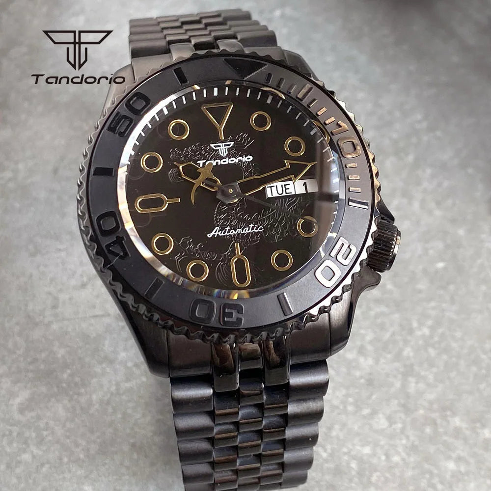 Tandorio TD265B Domed Sapphire NH36 41mm Black Pvd Diver Dragon Pattern 20BAR Sub