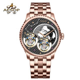 Double Flying Tourbillon Watch World Map AESOP 7116 42mm Skeleton Luxury Waterproof Wristwatches Sapphire