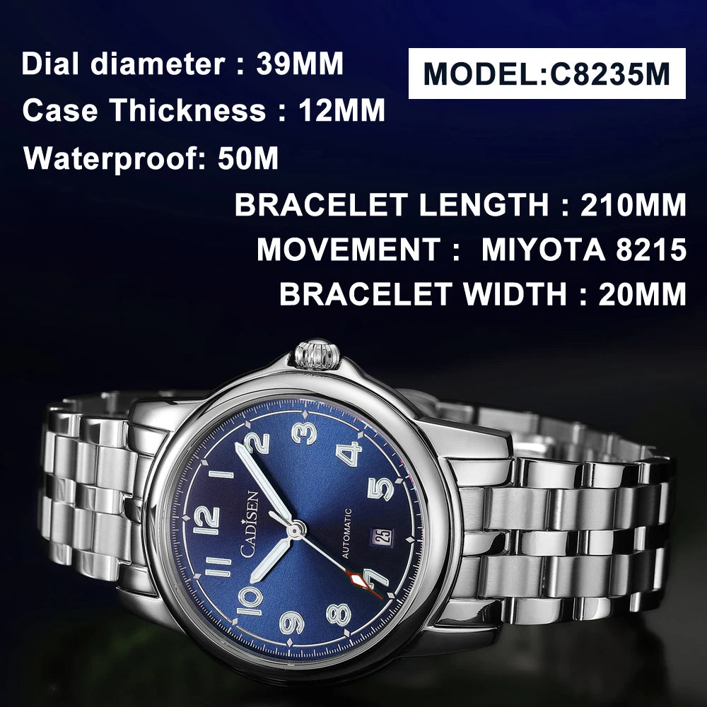 CADISEN C8235 Dress Watch 39MM MIYOTA 8215 Sapphire 5bar Luminous ...