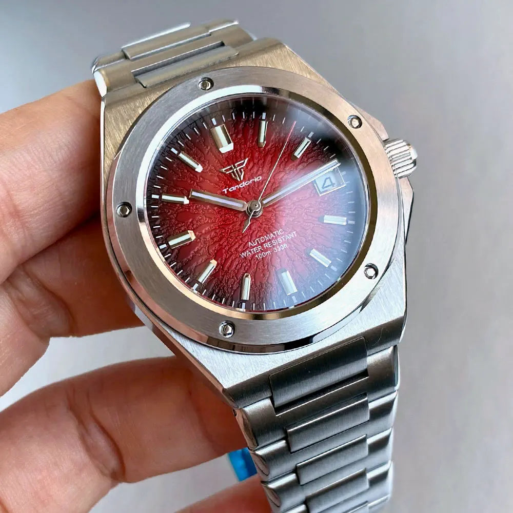 Tandorio Men Mechanical Watch Blue Teacup Pattern Date Face Sapphire Crystal Glass 100m Waterproof NH35 Automatic Movement Lume