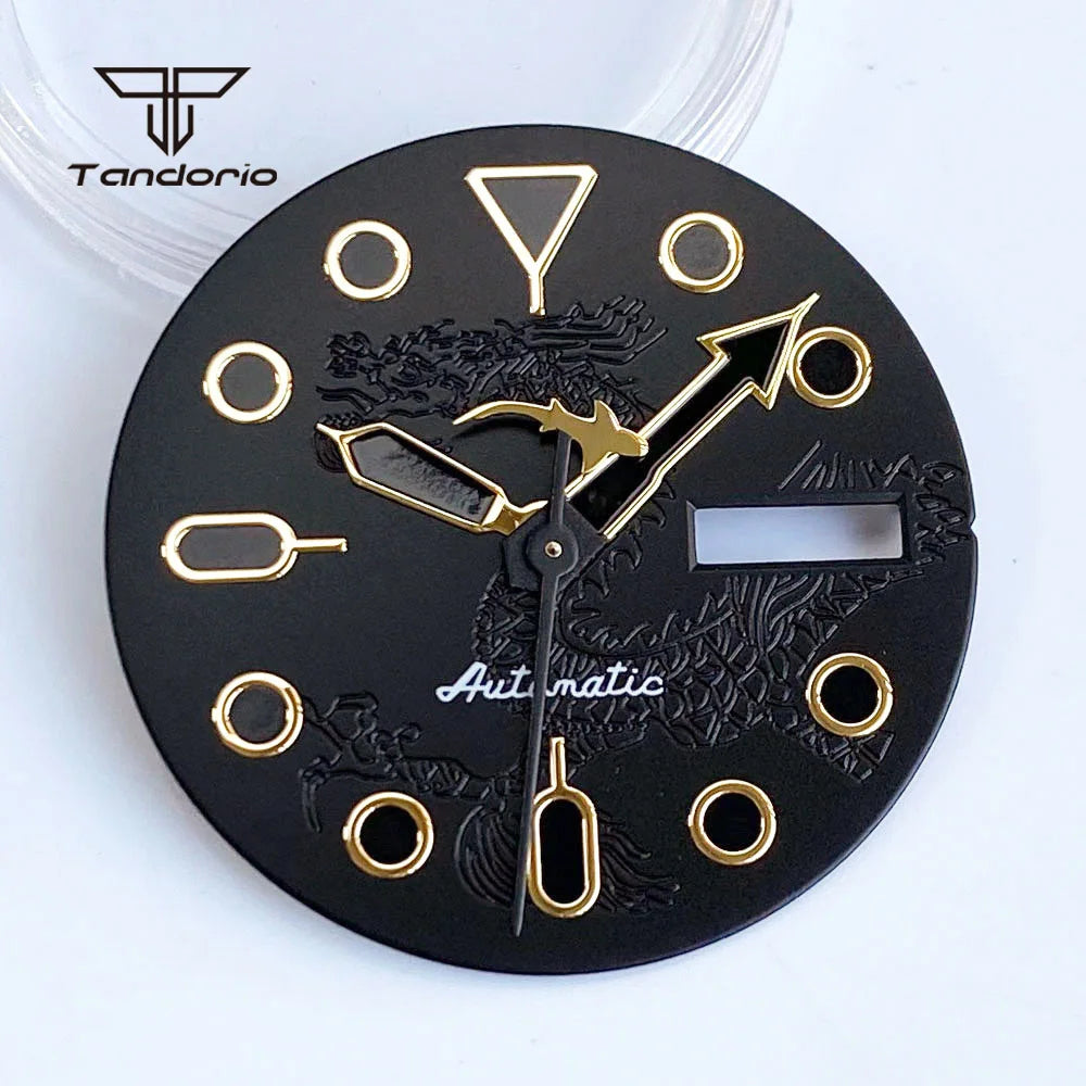 NH36 Watch Dial 29mm Day Date Black Dragon Pattern+ Shark Hands Set for Skx Mod Parts
