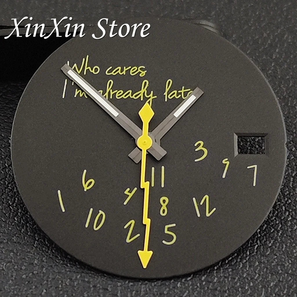 Black NH35 28.5mm Watch Dial Who Cares  With Lightning Second Hands For NH35 4R35 Movement Who Cares Lt's Already Late Replace Watch Dial