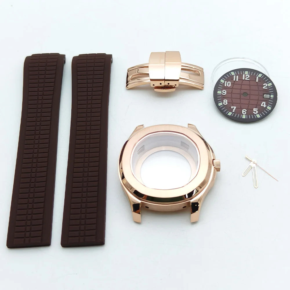 Aquanaut case 42mm NH35 Rose Gold 316 Stainless Steel Case Rubber Strap Luminous Dial Hands Modifed Watch Parts Accessorie glass back