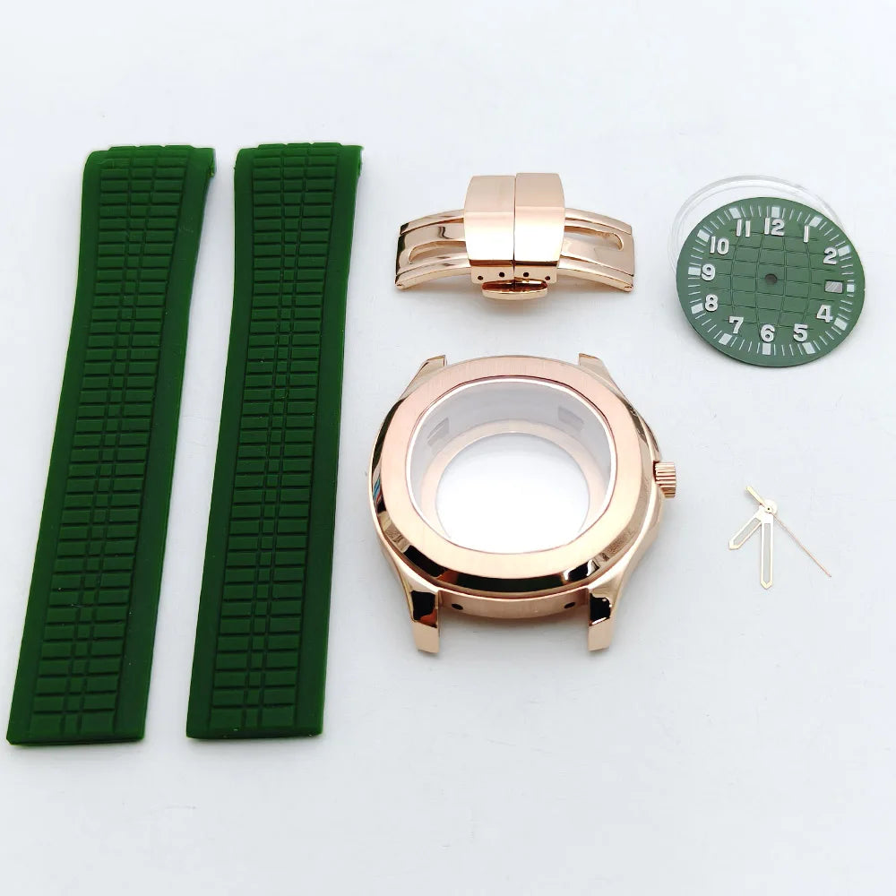 Aquanaut case 42mm NH35 Rose Gold 316 Stainless Steel Case Rubber Strap Luminous Dial Hands Modifed Watch Parts Accessorie glass back